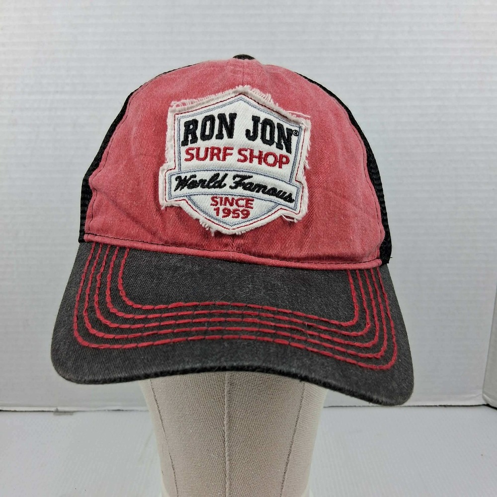 Ron Jon Surf Shop Trucker Hat Red Black Grey Distressed Patch Mesh Snapback OSFM